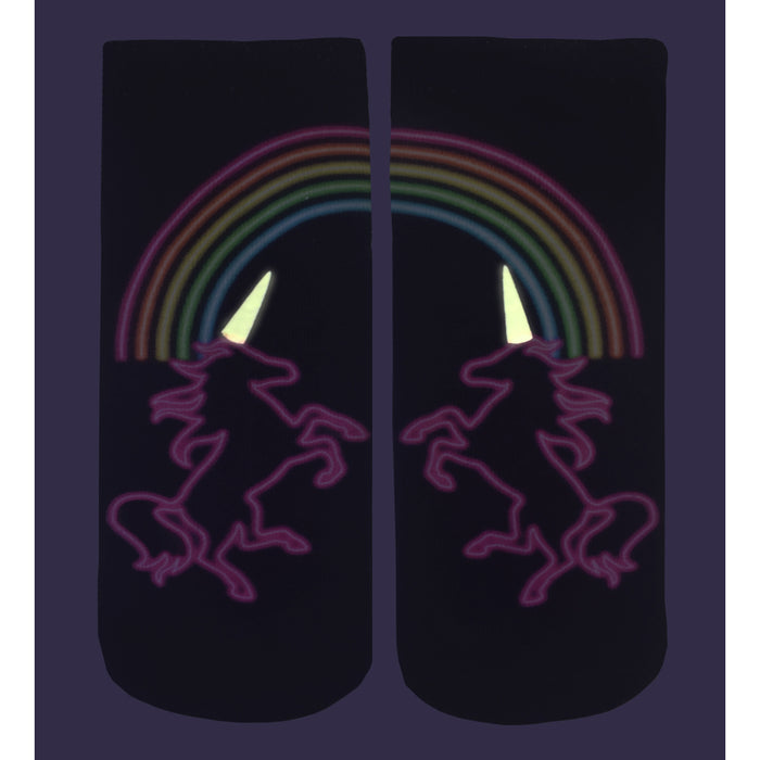 Close-up view of the Unicorn Life Glow socks showing the vibrant glow-in-the-dark details on a dark purple background.
