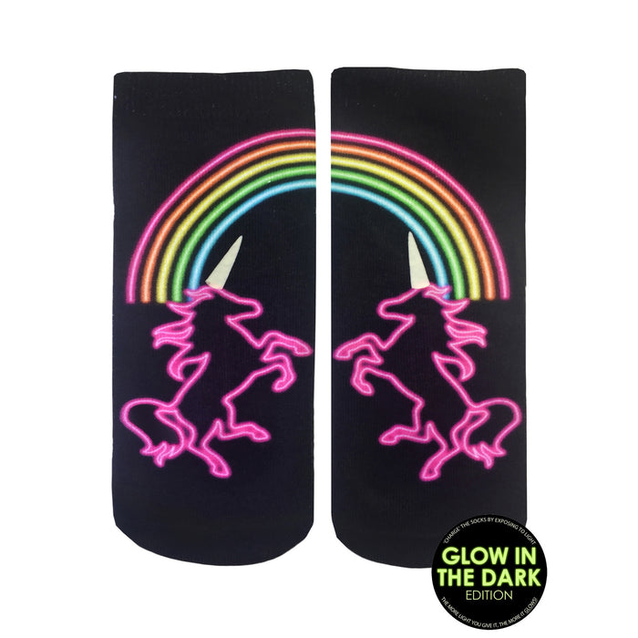 Pair of black ankle socks with a neon pink unicorn silhouette under a rainbow.  Glow-in-the-dark design.