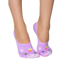 purple polka dot socks with white unicorn face, rainbow horn, 3d sparkly eyes. womens unicorn liner socks  