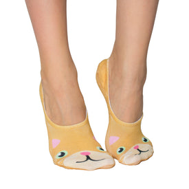 orange liner socks with a cartoon cat face pattern, made for women   
