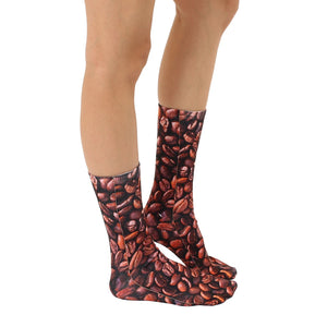 Lifestyle shot of the Coffee Bean socks on a model's legs, showcasing the fit and design.