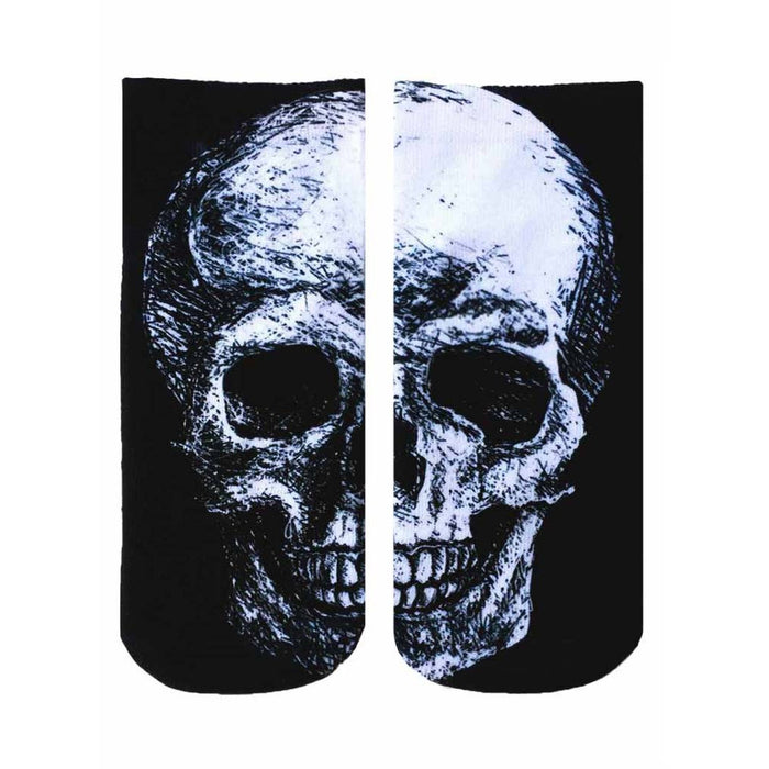 Ankle socks in black and white featuring a detailed skull graphic. The skull is sketched in shades of gray and white against a black background. }}