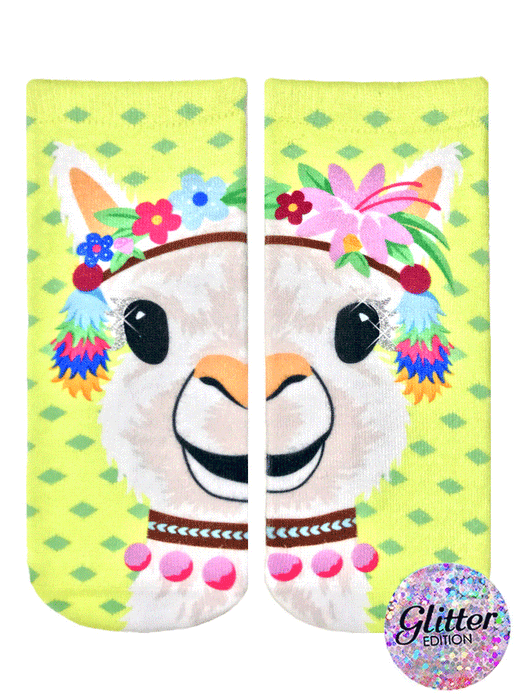 Ankle socks showcasing a whimsical llama wearing a flower crown. The main colors are lime green, white, and pink, with colorful tassels and glitter accents. }}