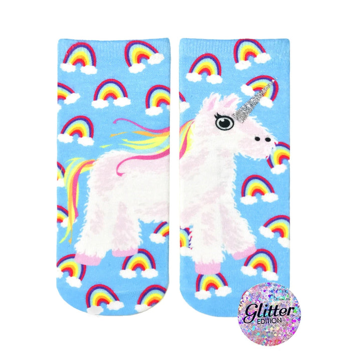 Crew socks with a fluffy unicorn and rainbows on a light blue background. Glitter accents on the unicorn's horn. }}