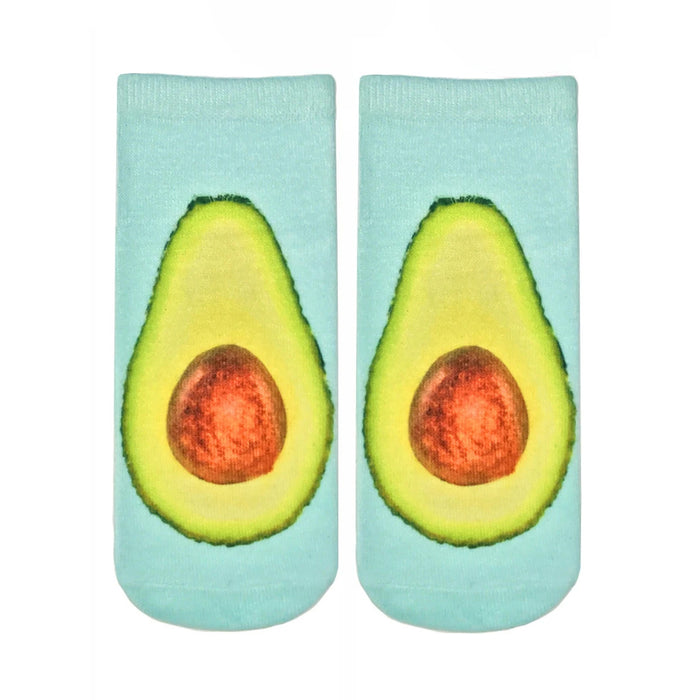 Pair of pastel blue ankle socks with a realistic avocado print on each sock. }}