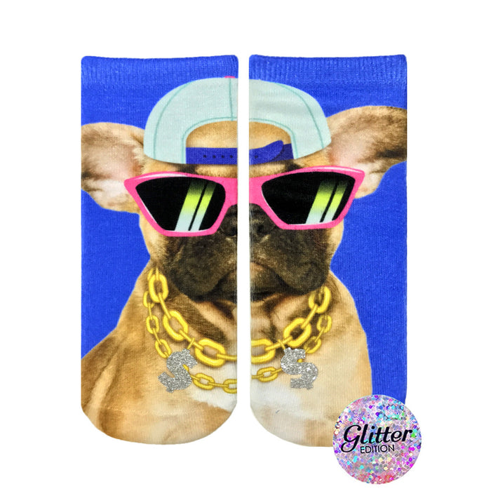 Crew socks featuring a French bulldog wearing pink sunglasses, a baseball cap, and a gold chain. The background is bright blue. Glitter edition. }}