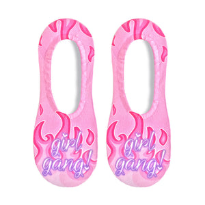 Pair of pink no-show socks with a flame design and 'Girl Gang!' text in purple.