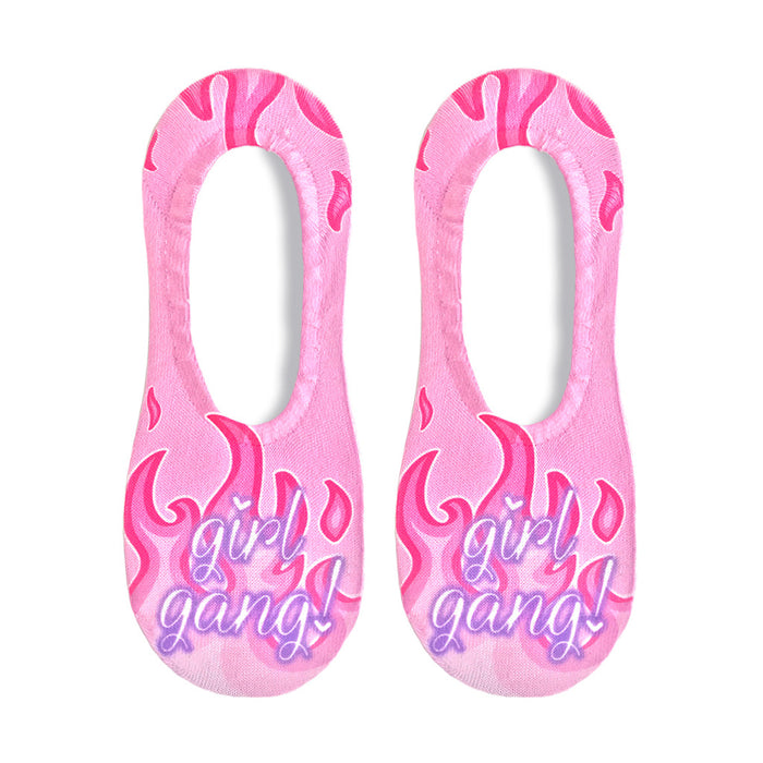 Pair of pink no-show socks with a flame design and 'Girl Gang!' text in purple.