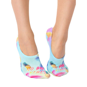 A pair of blue and purple no-show socks with a palm tree design. The socks have the words 