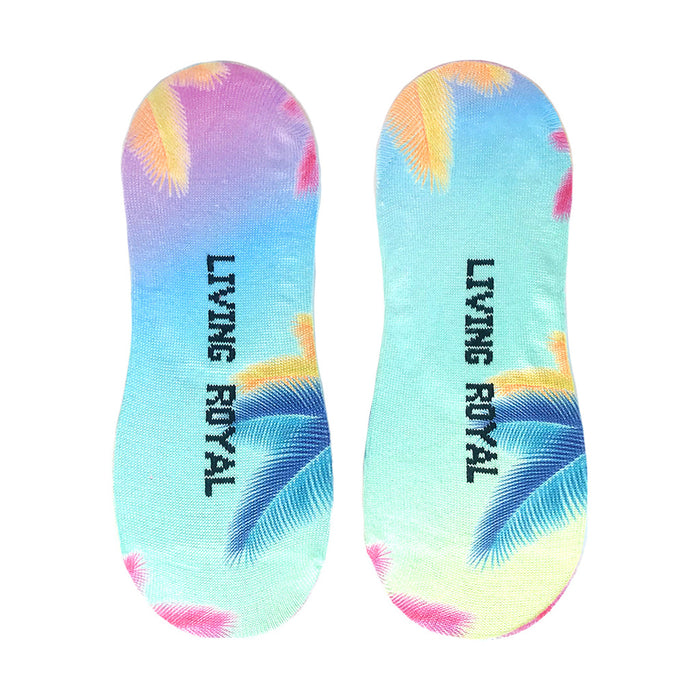 A pair of blue and purple no-show socks with a palm tree design. The socks have the words 