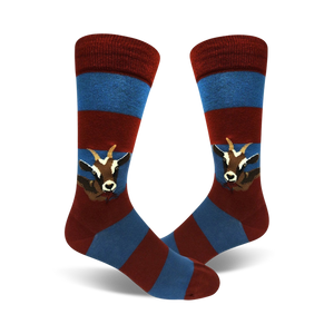 mens hungry goats socks featuring a brown goat on blue and red striped socks. crew length.   