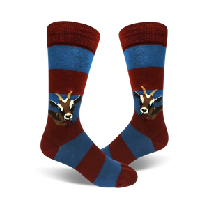 Pair of crew socks in red and blue horizontal stripes. A whimsical goat eating is featured on each sock.