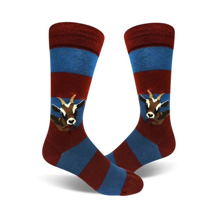 Pair of crew socks in red and blue horizontal stripes. A whimsical goat eating is featured on each sock.