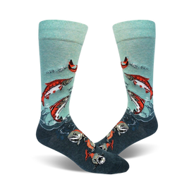 mens sockeye salmon pattern crew socks: red, blue, green fish, blue background, dark blue waves   