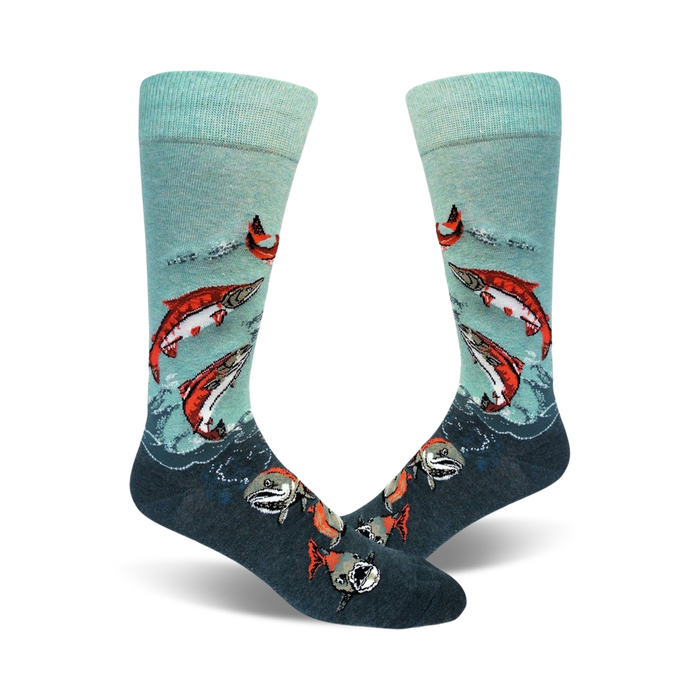 mens sockeye salmon pattern crew socks: red, blue, green fish, blue background, dark blue waves    }}