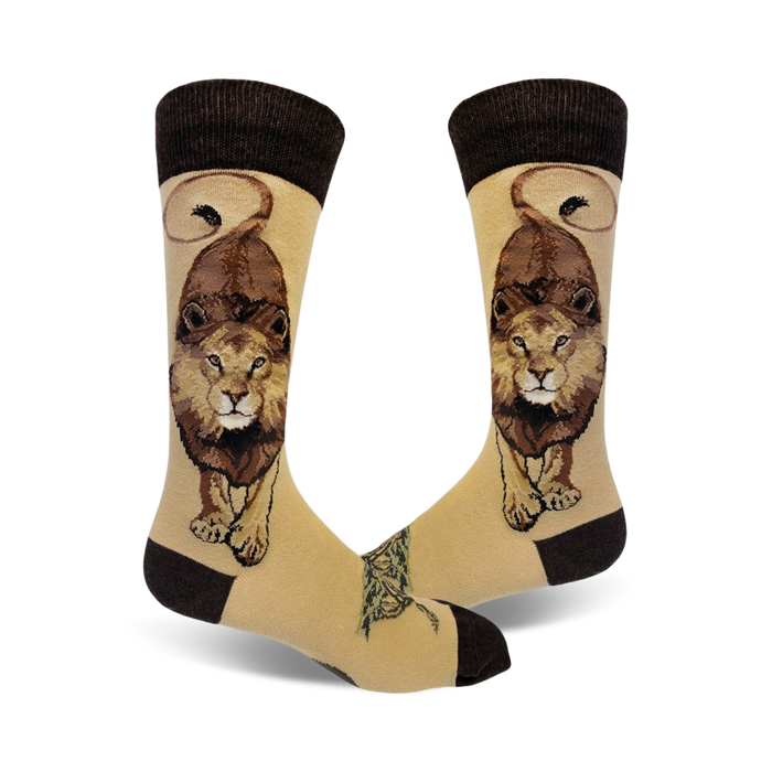 light tan socks with a dark brown top and a pattern of a lion's face. made for men. crew length.   }}