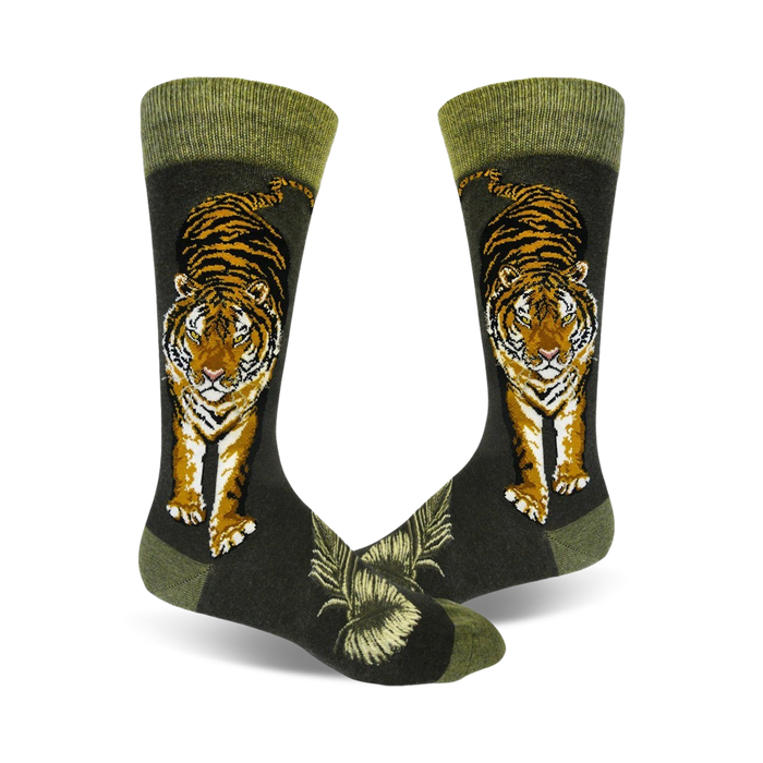 dark green cotton mens crew socks with a walking tiger pattern in orange, black, and white.   }}