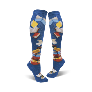 Pair of blue and navy knee-high socks with colorful book and page designs. Fun and literary!