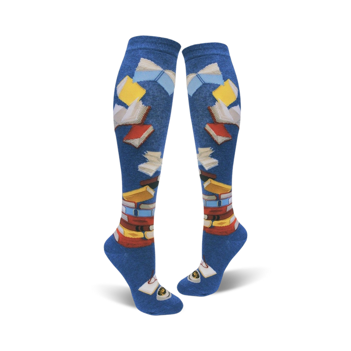 blue knee high women's socks with colorful book pattern.  