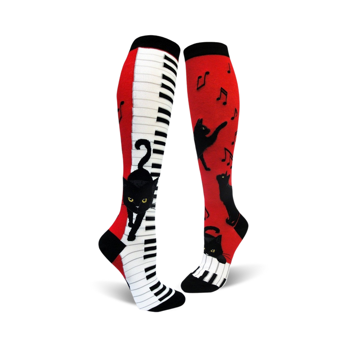 piano cat socks: knee-high, black, red, white, women's socks featuring black cats playing pianos.  }}