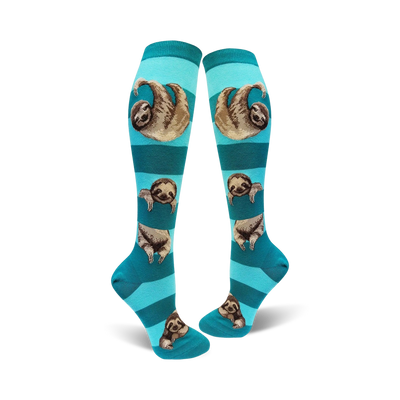 Pair of teal and navy blue striped knee-high socks with sloths printed on them. The sloths are hanging from the stripes.