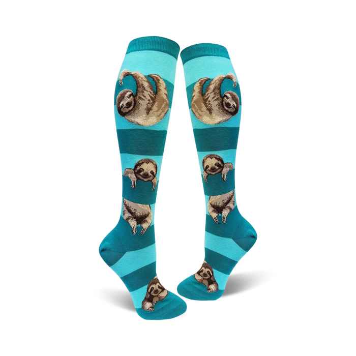 womens blue knee-high socks with sloth pattern: cute, cozy, and sloth-tastic! these knee-high socks feature a fun pattern of sloths hanging from branches, perfect for adding a touch of whimsy to your day.  