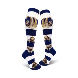 white knee high socks with blue stripes and a cute cartoon sloth pattern.   