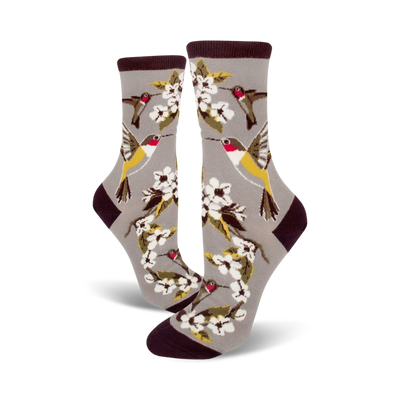 Pair of grey crew socks with colorful hummingbirds and white flowers. Dark maroon band at the top.