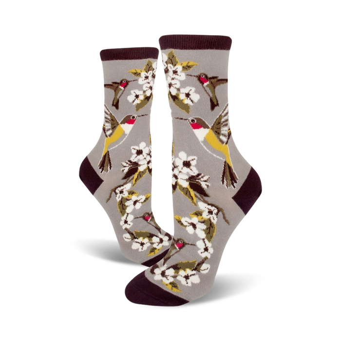 gray crew socks adorned with hummingbirds and flowers for women.   }}