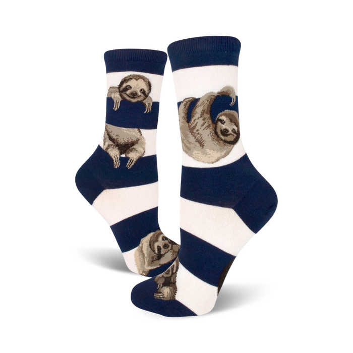 Pair of crew socks; navy blue and white horizontal stripes with sloth illustrations.