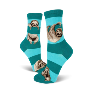 Close-up of teal and light teal striped socks with sloths.  A fun, vibrant color option.