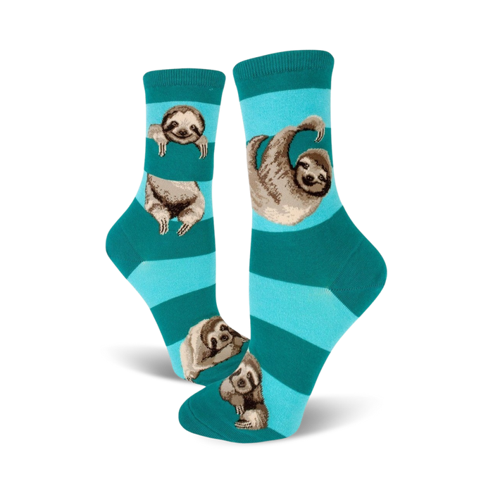 blue crew socks with a brown sloth hanging from a branch.  