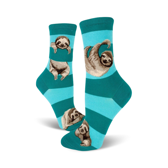 Close-up of teal and light teal striped socks with sloths.  A fun, vibrant color option.