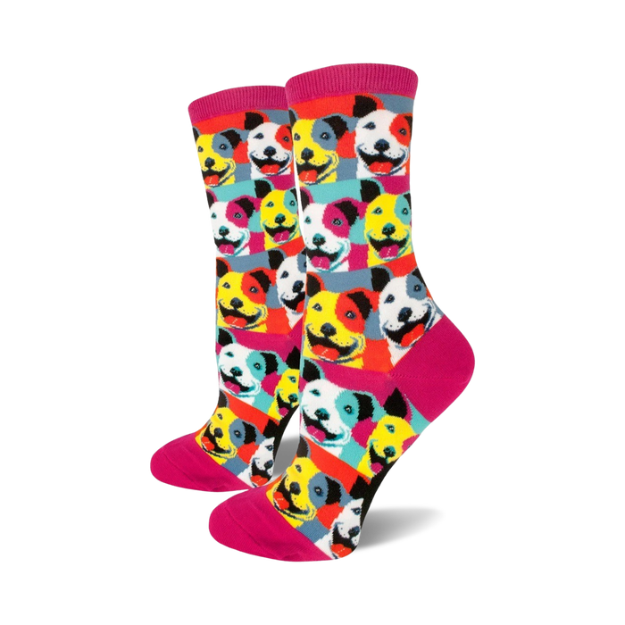 crew length women's socks with multi-colored pitbull faces, pink toe and heel, black ankle.   }}