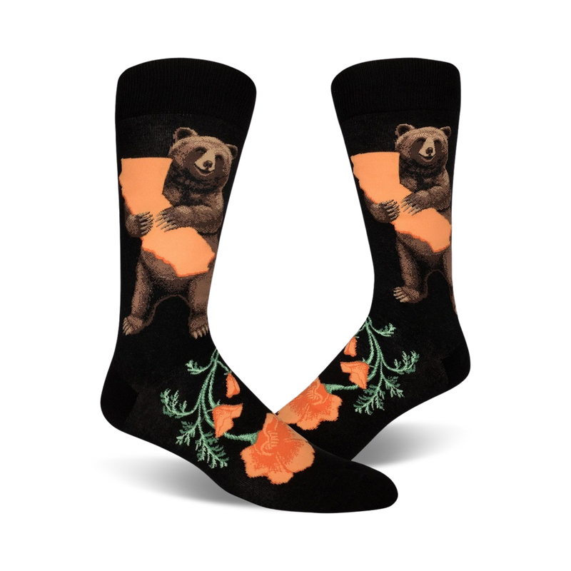 Crew socks in black featuring a brown bear hugging a California-shaped orange outline, accented by orange California poppies.