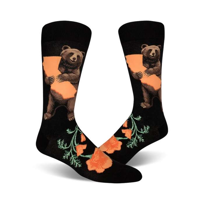 mens california bear hug socks featuring brown bears, california state outline, and orange california poppies on black fabric.   }}