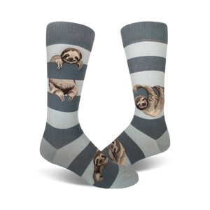 Pair of crew socks in blue and gray stripes.  Adorable sloths peek from behind the stripes.