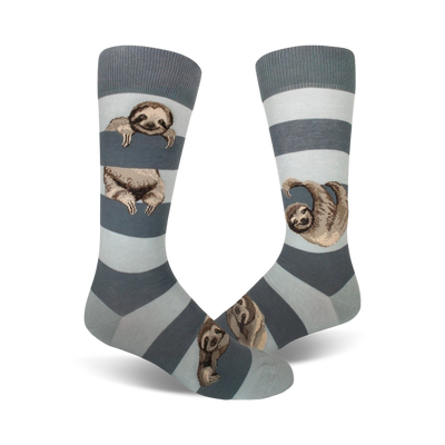 Pair of crew socks in blue and gray stripes. Adorable sloths peek from behind the stripes.