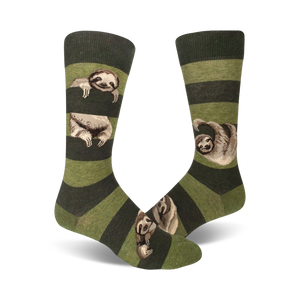 Lifestyle shot: Sloth Stripe socks in olive green and dark green stripes shown on a model's feet.