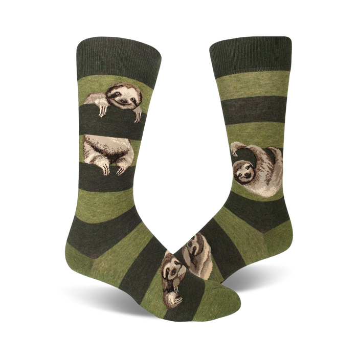 Lifestyle shot: Sloth Stripe socks in olive green and dark green stripes shown on a model's feet.