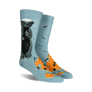 Lifestyle shot of Honey Badger socks being worn outdoors.  Shows the socks on a person's feet in a natural setting.