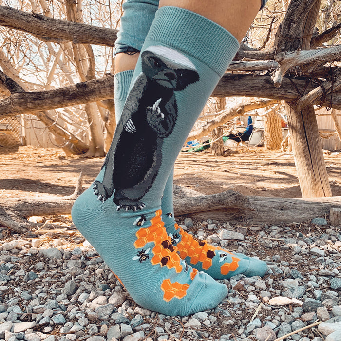 Close-up flatlay showcasing the detail of the Honey Badger socks; light blue, honey badger, honeycomb and bees.