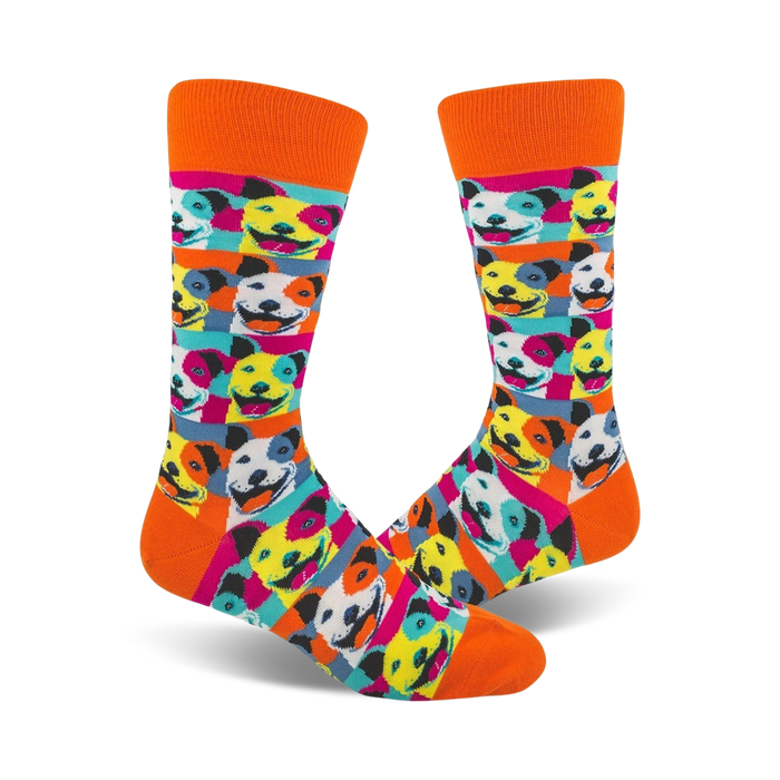 mens crew socks featuring an allover pattern of multicolored pitbull faces in a pop art style.   }}