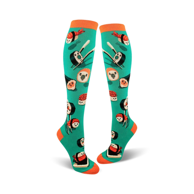 Pair of teal knee-high socks with a fun sushi print. The socks feature various types of sushi, including maki and nigiri, with orange accents.