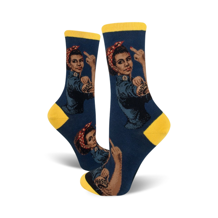 black nasty rosie crew socks feature rosie the riveter giving the middle finger, made for women.  