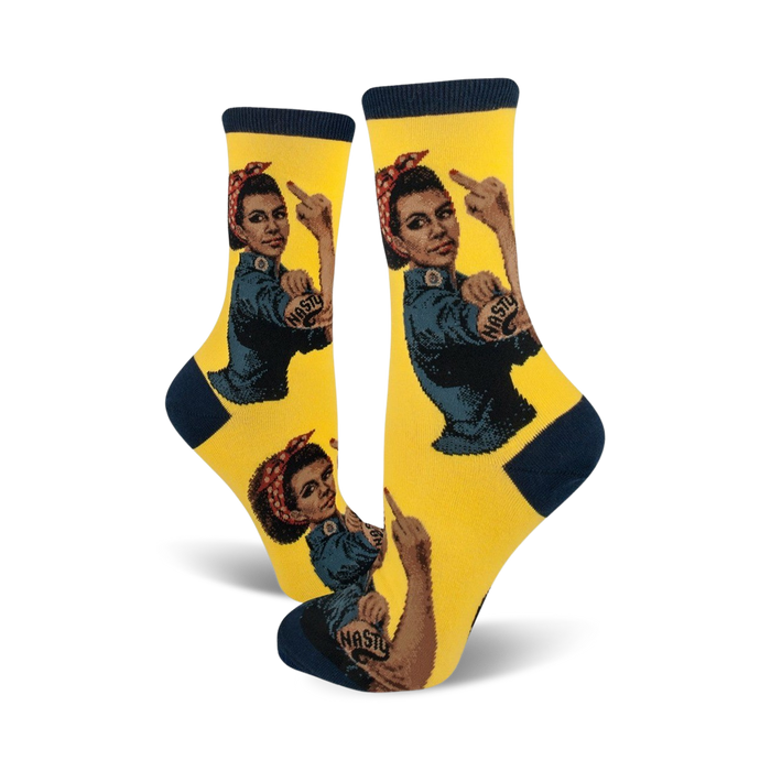 black nasty rosie crew socks for women feature rosie the riveter pattern on yellow background.   
