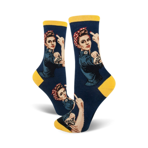 Crew socks in navy and yellow, featuring a graphic of Rosie the Riveter giving the middle finger, with 'Nasty' tattooed on her arm.