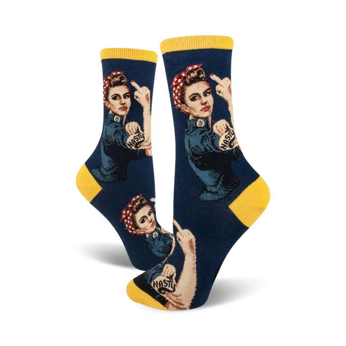 Crew socks in navy and yellow, featuring a graphic of Rosie the Riveter giving the middle finger, with 'Nasty' tattooed on her arm.