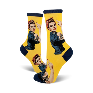 A pair of yellow 'Nasty Rosie' socks shown from the front, showcasing the full design.