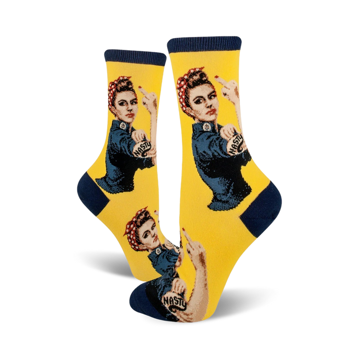 A pair of yellow 'Nasty Rosie' socks shown from the front, showcasing the full design.